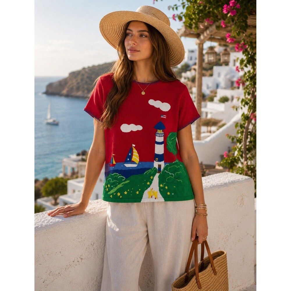 VTG Quacker Factory New Nautical Seaside Lighthouse Sweater 3X Coastal Cotton Bl